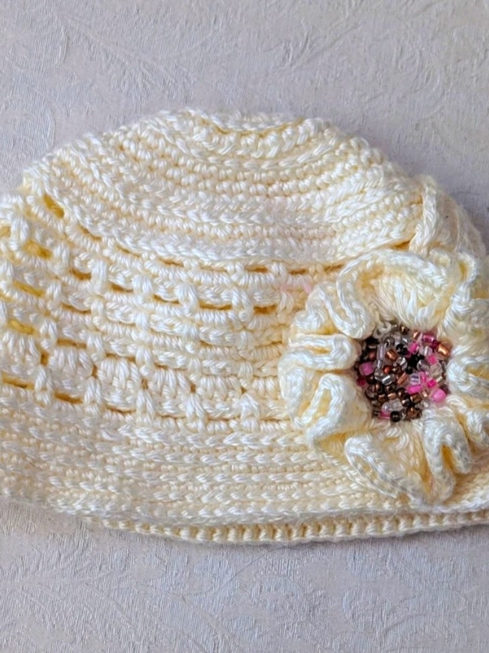 Handmade Crochet Beanie Hat Newborn Ivory Pink Silver Beaded Flower Girls